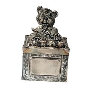 Morgan Vintage Silver Plated Teddy Bear Keepsake Trinket Ring Box 2.5" Tall
